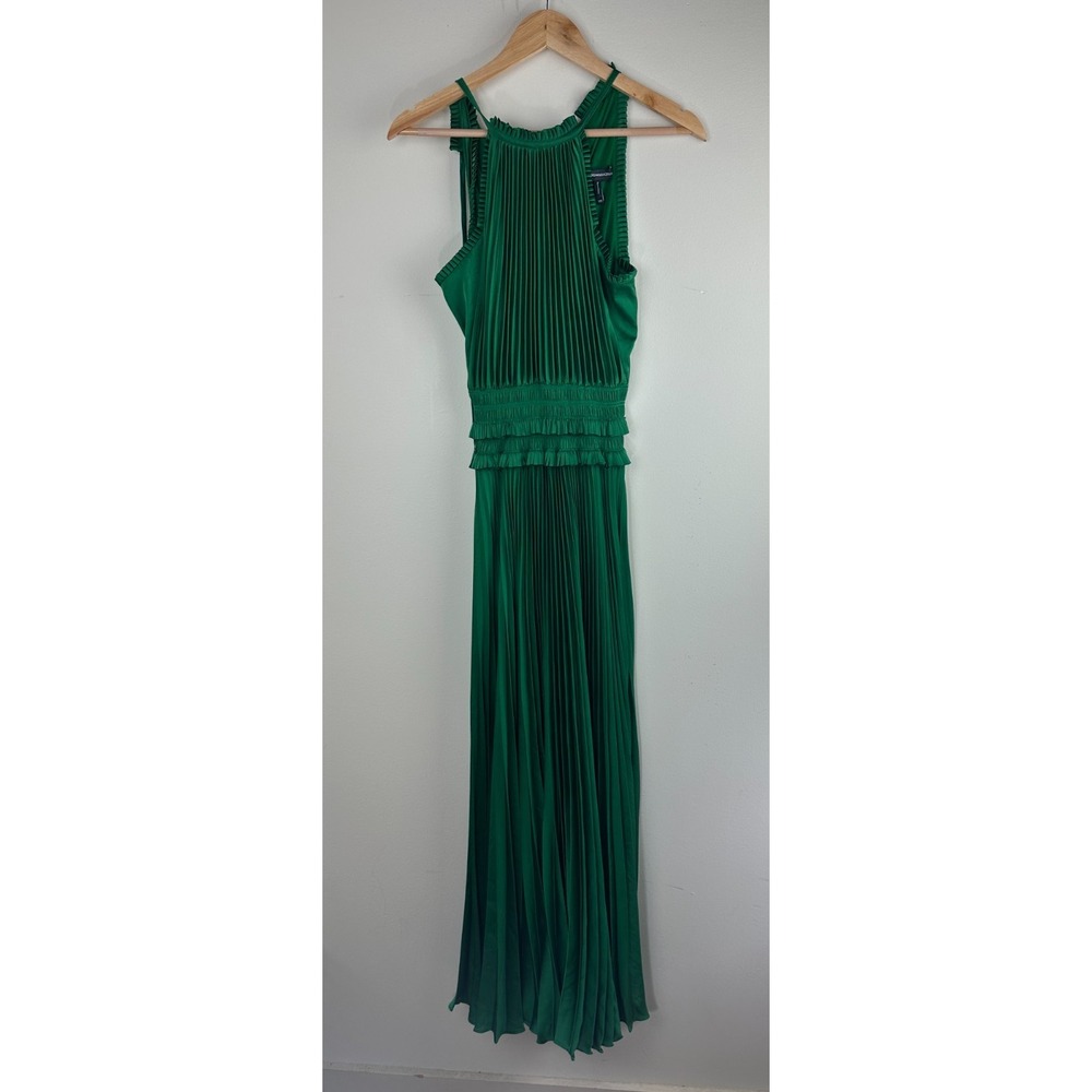 BCBGMAXAZRIA Emerald Green Satin Plisse High-Neck Maxi Dress XXS Pleated Elegant - Picture 2 of 16